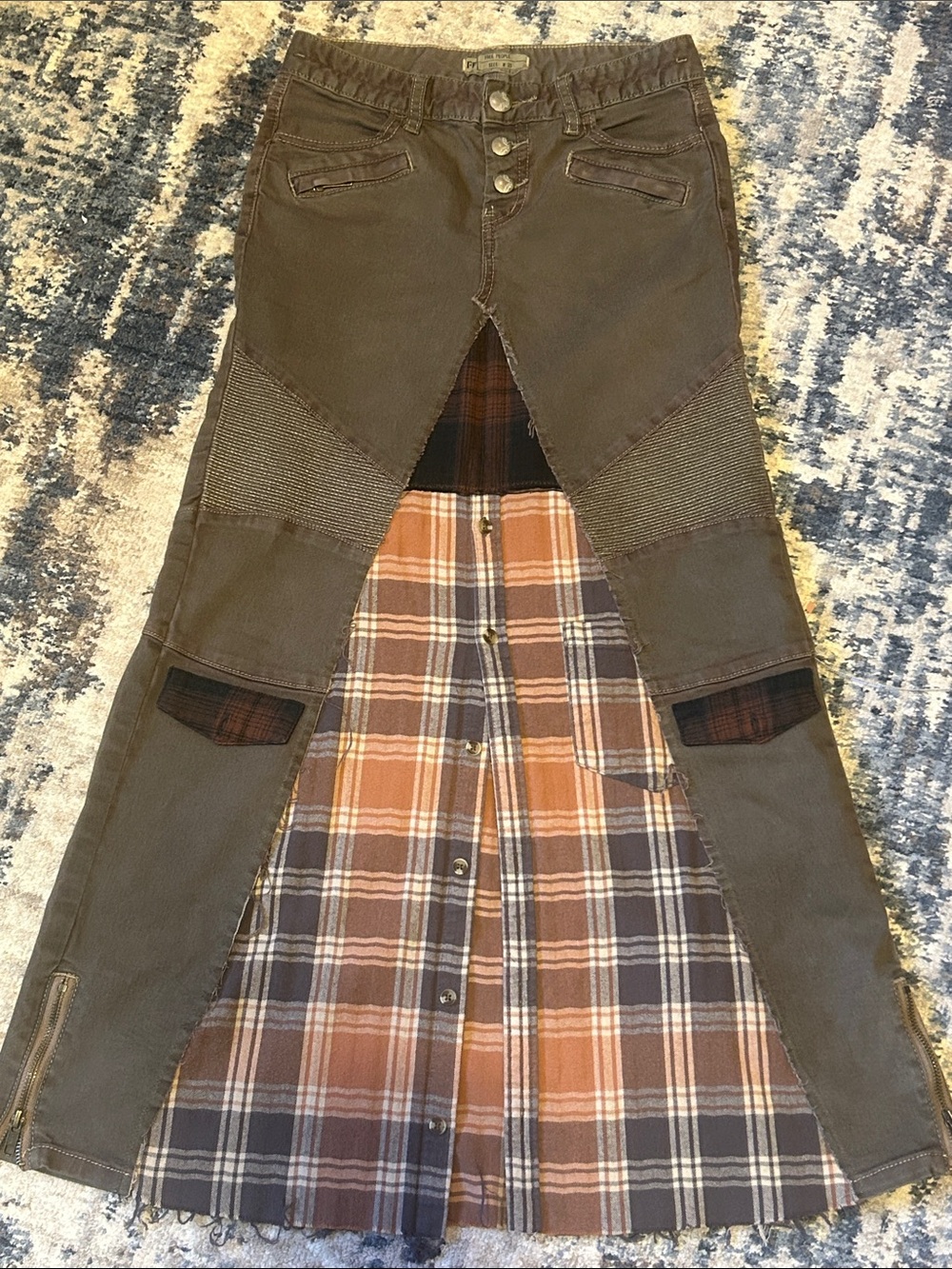 Upcycled free people moto denim jean and plaid button down skirt